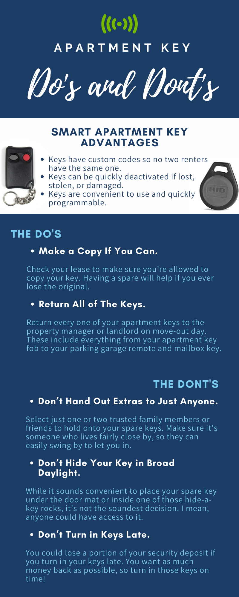 Property management rental advice and tips for access and key fob entry infographic