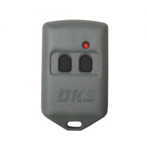 grey rectangular DKS fob remote with two black buttons for a garage or condo